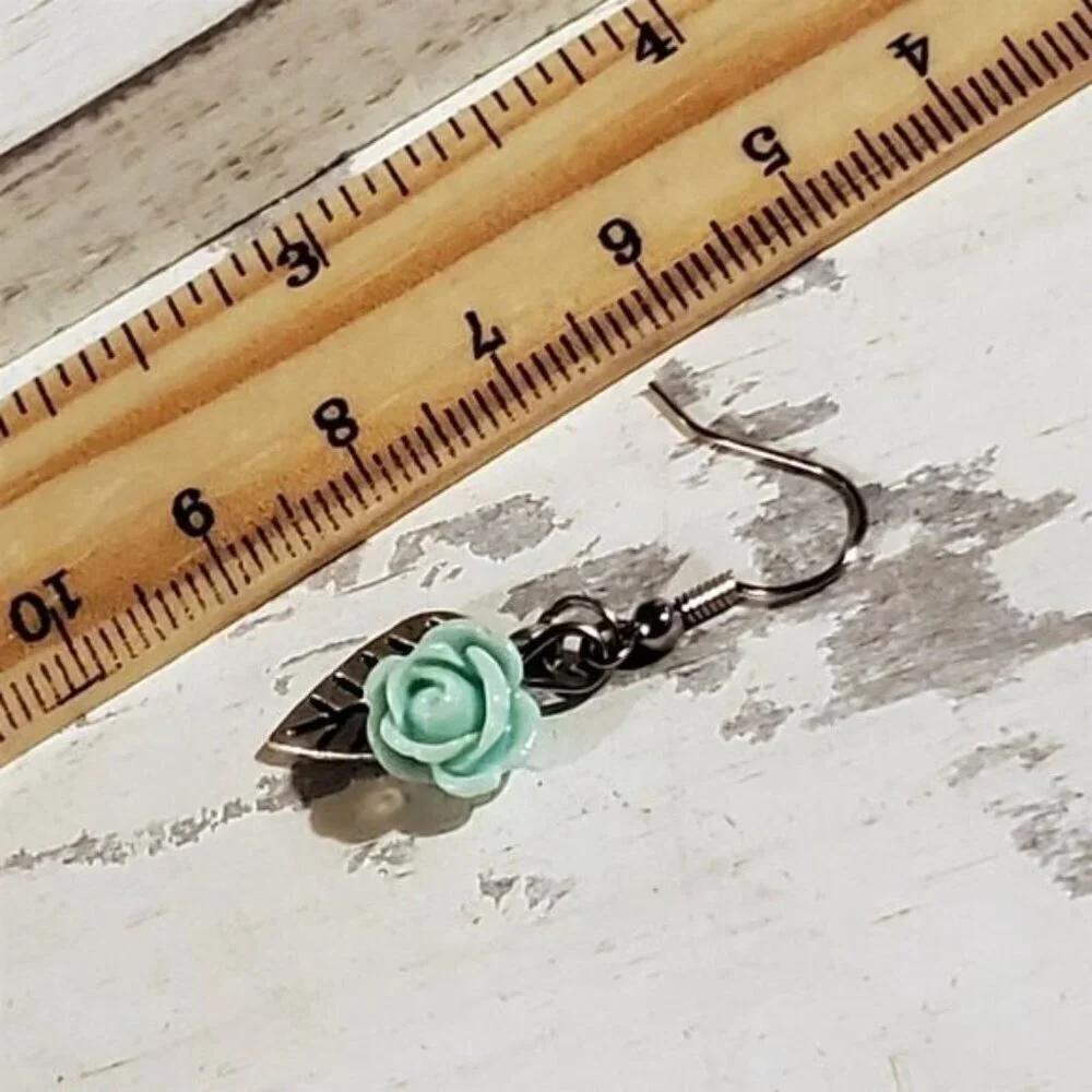 Hand Crafted Antique Silver Leaf Light Aqua Blue Lucite Rose Dangle Earrings